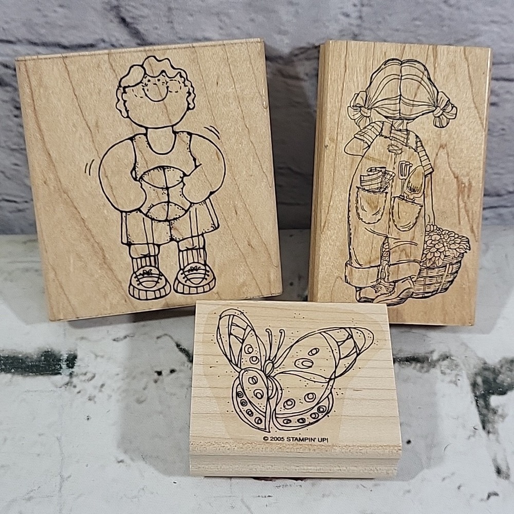 VTG Rubber Stamps Lot Of 3 Gardening Little Girl Basketball Boy Butterfly